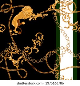 Baroque seamless pattern with chains and lion. Vector floral patch for print.