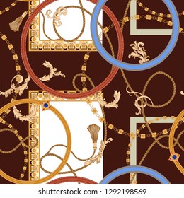 Baroque seamless pattern with chains and ropes. Vector patch for print, fabric, scarf.