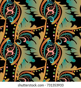 Baroque seamless pattern. Colorful floral vector background wallpaper fabric with vintage antique hand drawn green damask flowers, scroll swirl leaves, dots and beautiful elegant Baroque ornaments.