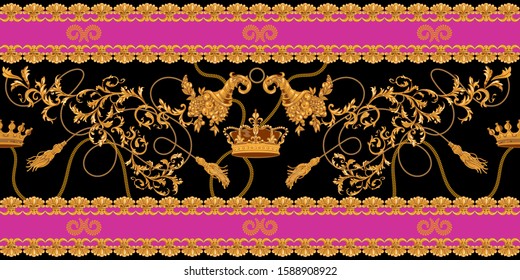 Baroque seamless pattern with crowns, chains and horn of plenty. Vector greek patch for print, fabric, scarf