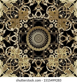 Baroque seamless pattern. Damask ornament. Vector vintage gold flowers, leaves, lines, swirls. Antique style ornate repeat backdrop. Round floral lace mandala. Luxury decoration. Wallpaper. Fabric.