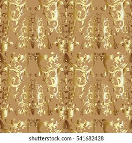 Baroque seamless pattern.  Damask wallpaper with flowers, leaves and medieval gold ornaments