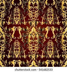 Baroque seamless pattern.  Damask wallpaper with gold flowers, leaves and medieval antique ornaments