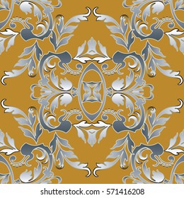 Baroque seamless pattern. Damask wallpaper with vintage medieval  flowers, scroll  leaves and luxury floral  3d ornaments in Victorian style.. Vector stylish fabric texture. Light elegance  background