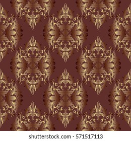Baroque seamless pattern. Damask wallpaper with gold  vintage medieval  flowers,  scroll leaves and luxury floral  3d ornaments in Victorian style. Stylish background. Elegance  vector fabric texture.