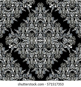 Baroque seamless pattern. Damask wallpaper with white vintage medieval  flowers,  scroll leaves and luxury floral  3d ornaments in Victorian style. Black  background  Luxury vector fabric texture.