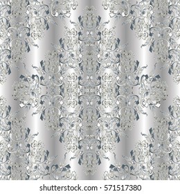 Baroque seamless pattern. Damask wallpaper with vintage medieval  flowers,  scroll leaves and luxury floral  3d ornaments in Victorian style. Drapery silver background with shadows and highlights.