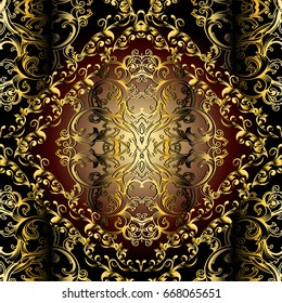  Baroque seamless pattern. Dark damask background. Floral 3d wallpaper illustration with vintage gold  flowers, scroll swirl leaves and antique Baroque ornaments. Vector surface texture with shadows.