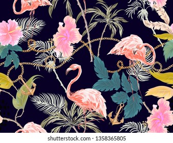 Baroque seamless pattern with exotic trees, pink flamingo, hibiscus and golden chains. Vector patch for wallpapers, fabric, surface textures, textile.