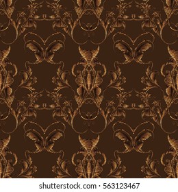 Baroque seamless pattern. Floral background wallpaper with 3d gold vintage decorative flowers leaves butterflies and antique damask ornaments. Floral grunge texture with effect of embroidery