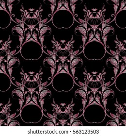 Baroque seamless pattern. Floral background wallpaper with 3d pink  vintage decorative flowers leaves butterflies and antique damask ornaments. Floral grunge texture with effect of embroidery