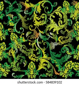 Baroque seamless pattern. Floral black background wallpaper with 3d green vintage decorative flowers leaves fruits and baroque ornaments. Floral grunge tapestry texture with effect of embroidery.
