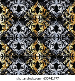 Baroque  seamless pattern. Floral black vector surface background wallpaper illustration with vintage gold silver  3d flowers, swirl scroll leaves  and antique medieval damask ornaments.