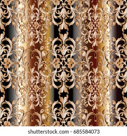 Baroque seamless pattern. Floral damask striped background wallpaper illustration with vintage gold  3d flowers, scroll leaves and antique baroque ornaments in Victorian style. Vector surface texture