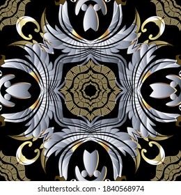 Baroque seamless pattern. Floral ornamental background. Repeat vector greek backdrop. Geometric golden textured ornament with vintage Baroque style flowers, leaves, greek key, meanders. Luxury design.