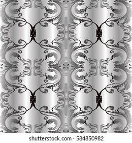 Baroque seamless pattern. Floral silver drapery background wallpaper with 3d  vintage decorative flowers leaves and baroque ornaments. Floral grunge texture with effect of embroidery.