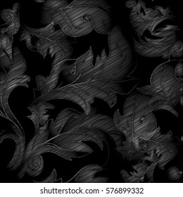 Baroque seamless  pattern.  Floral vector black background wallpaper with  vintage medieval  3d  damask  ornaments, antique scroll  leaves and flowers with effects of sketch or embroidery. 