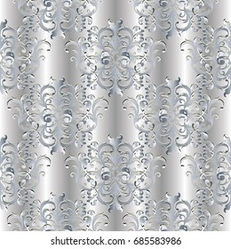 Baroque seamless pattern. Floral white damask background wallpaper illustration with vintage silver 3d flowers, scroll leaves and antique baroque ornaments in Victorian style.Vector surface 3d texture