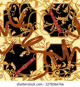 Baroque seamless pattern with gold chains, belts. Vector patch for print, scarf, fabric design.