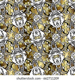 Baroque seamless pattern. Gold floral damask background wallpaper illustration with black and white vintage  flowers, scroll swirl curve leaves and antique baroque ornaments. Vector luxury 3d texture