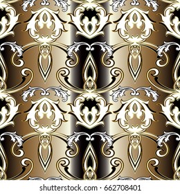 Baroque seamless pattern. Gold striped  floral damask background wallpaper illustration with black and white vintage  flowers, scroll swirl curve leaves and antique baroque ornaments. Vector  texture