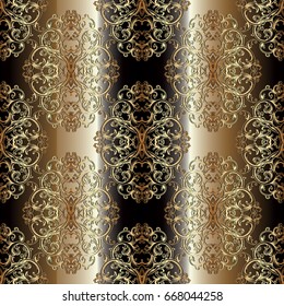 Baroque seamless pattern. Gold striped floral background wallpaper illustration with gold 3d vintage flowers, scroll swirl curve leaves and antique baroque ornaments. Vector surface luxury texture