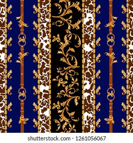 Baroque seamless pattern with golden belts, leaves and chains. Striped patch for scarfs, print, fabric.