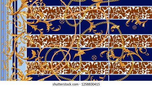 Baroque seamless pattern with golden chains and stucco. Vector patch for scarfs, print, fabric.