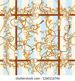 Baroque seamless pattern with golden chains, leaves and belts. Striped patch for scarfs, print, fabric.