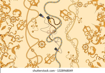 Baroque seamless pattern with golden chains and anchors. Vector marine patch for scarfs, print, fabric.