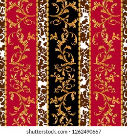 Baroque seamless pattern with golden leaves and chains. Striped patch for scarfs, print, fabric.