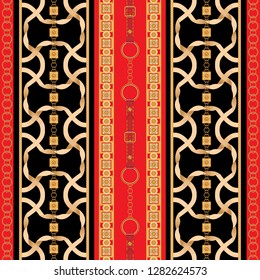 Baroque seamless pattern with golden ribbons and chains. Striped patch for scarfs, print, fabric.