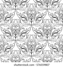Baroque seamless pattern. Isolated vector vintage ornate texture for wallpapers, textile, fabric. Line art floral damask ornaments. White antique background.