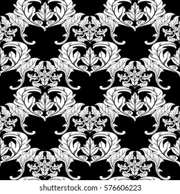 Baroque seamless pattern. Isolated vector vintage ornate texture for wallpapers, textile, fabric print.  White medieval  floral damask ornaments with scroll leaves. Luxury black antique background.