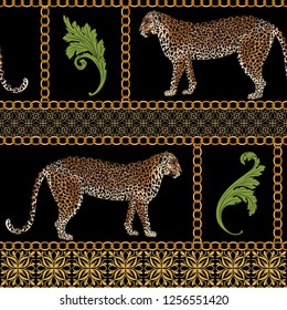 Baroque seamless pattern with leopard and gold chain. Fashion vintage ornament. Animal vector print