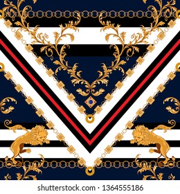 Baroque seamless pattern with lions, leaves and chains. Vector patch for print, fabric, scarf. Baroque seamless pattern with lions, leaves and chains. Vector patch for print, fabric, scarf.