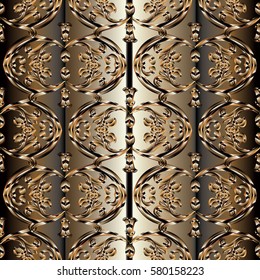 Baroque seamless pattern. Luxury floral background with vintage gold 3d leaves flowers, stripes and antique damask ornaments in Victorian style. Surface vector golden texture for fabric, textile
