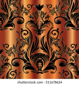 Baroque seamless pattern. Luxury vector floral  3d wallpaper with black and gold vintage decorative flowers leaves and antique ornaments. Baroque ornamental background. Orange drapery texture.