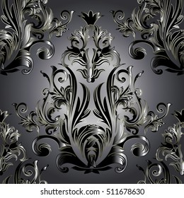 Baroque seamless pattern. Luxury vector floral  3d wallpaper with black and silver vintage decorative flowers leaves and antique ornaments. Baroque ornamental background. Modern black shiny texture