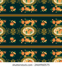 Patrón barroco sin costuras con colgantes y ramo de rosas para Fondo de pantalla y textil, estilo de impresión clásica