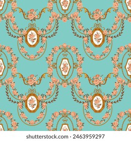 Baroque seamless pattern with pendants and garland of roses for wallpaper and textile, classic print style