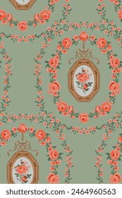 Baroque seamless pattern with pendants and garland of roses for wallpaper and textile, classic print style