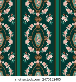 Baroque seamless pattern with pendants and garland of roses for wallpaper and textile, classic print style