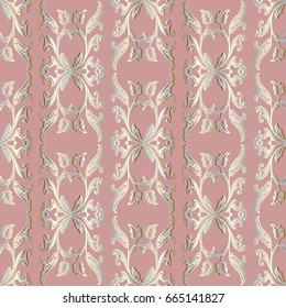 Baroque seamless pattern. Pink floral damask background wallpaper illustration with vintage gold silver 3d flowers, scroll swirl curve leaves and antique baroque ornaments. Vector surface rich texture