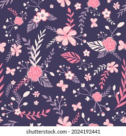 Barocknahtloses Muster mit rosa und violetten Blumen und Blättern. Wiederholen Sie den Hintergrund mit Blumenmotiven, Schmetterlingen und Pflanzen. Frühlingstextur mit Sakuras in Blüte und romantischem Gartenstrauß.