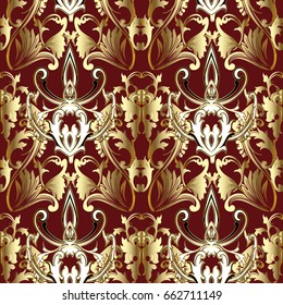 Baroque seamless pattern. Red floral background wallpaper illustration with gold  vintage 3d flowers, scroll swirl curve leaves and antique baroque ornaments. Vector surface texture