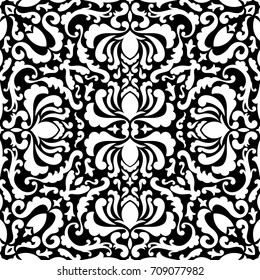 Baroque seamless pattern with silhouette floral elements. Vintage wallpaper. Black and white retro ornament, textile print.
