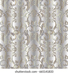 Baroque seamless pattern. Silver floral damask background wallpaper illustration with vintage gold white 3d flowers, scroll swirl curve leaves and antique baroque ornament. Vector surface rich texture