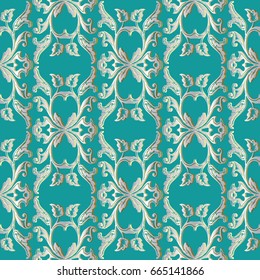 Baroque seamless pattern. Turquoise floral damask background wallpaper illustration with vintage silver 3d flowers, scroll swirl curve leaves and antique baroque ornaments. Vector surface rich texture