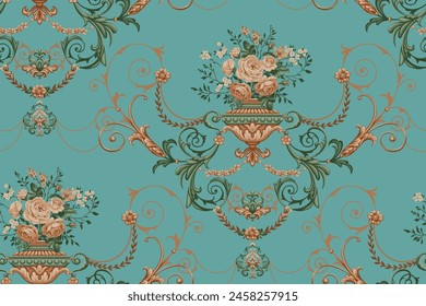 Baroque seamless pattern with vase and bouquet of roses in duocolors